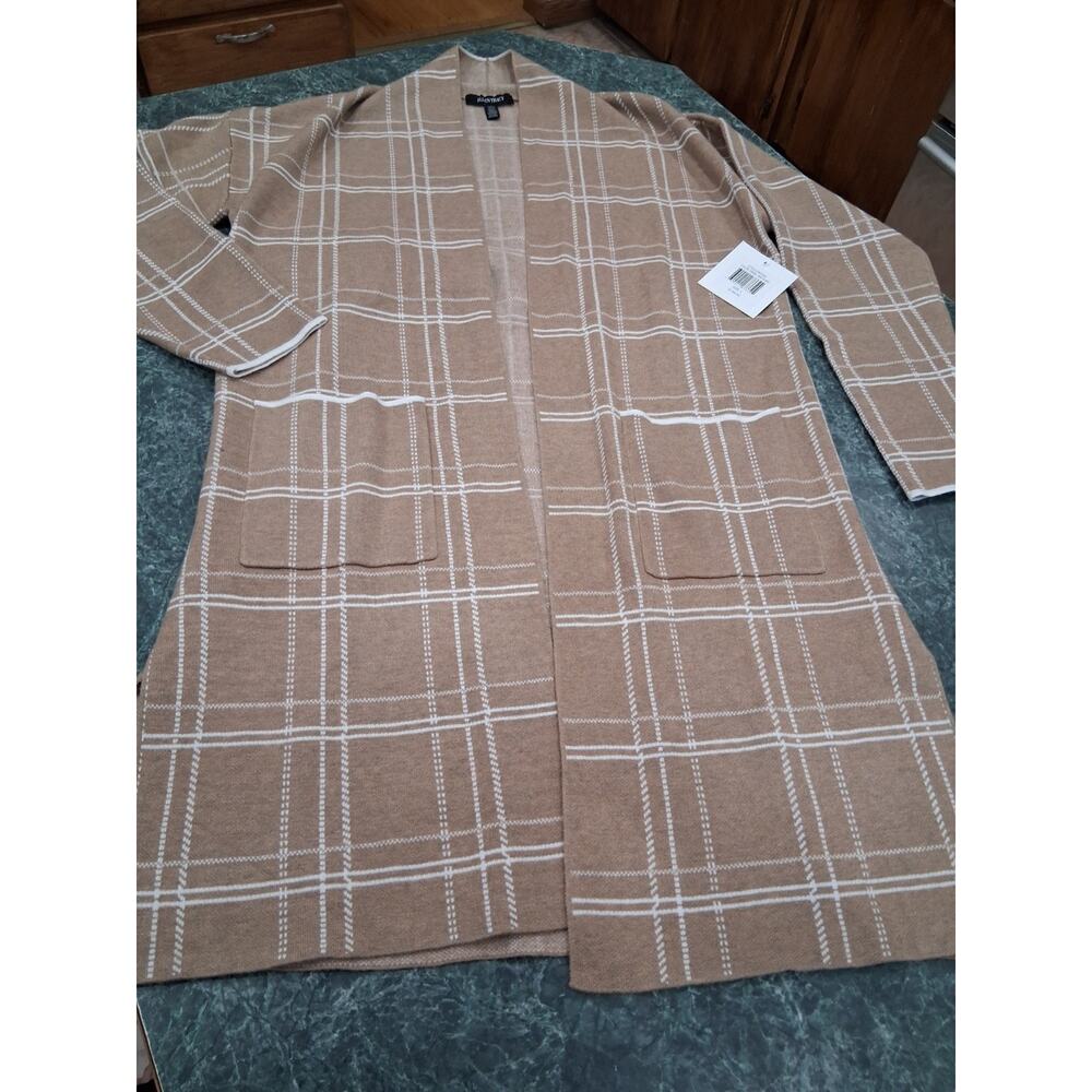 ellen tracy womens camel mix plaid Open cardigan size L $149 Pockets Thick Soft